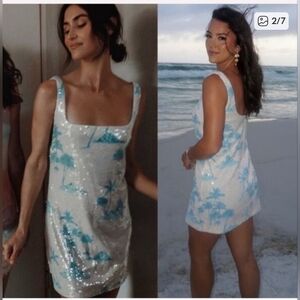 Gianni Bini DANNIJO White Sequin Mini Dress with Blue Palm Print